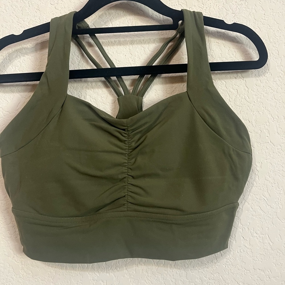 EUC Bloom Sports Bra Buffbunny Grounded Down Olive Color Ruched Front - Picture 2 of 5